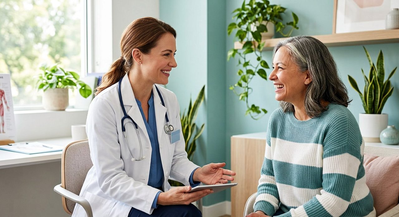 A clinician speaking warmly with a patient in a bright clinic room